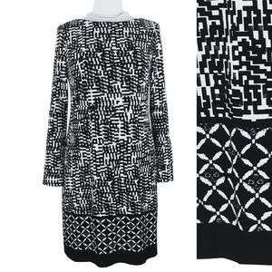 New York and Co Black White Geometric Boatneck Long Sleeve Knit Shift Dress sz 8